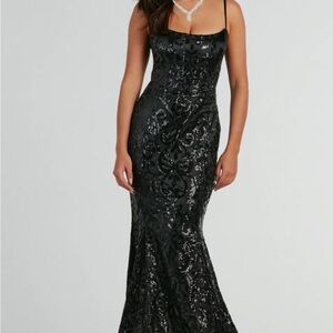 Black floor length mermaid gown with sequins detail